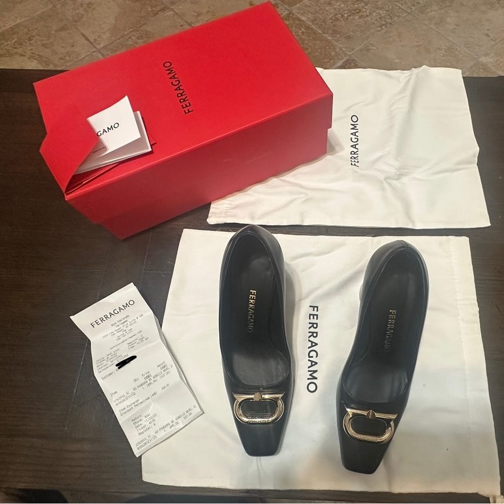 Salvatore Ferragamo “ Pania”Black Pumps with Gold Buckle